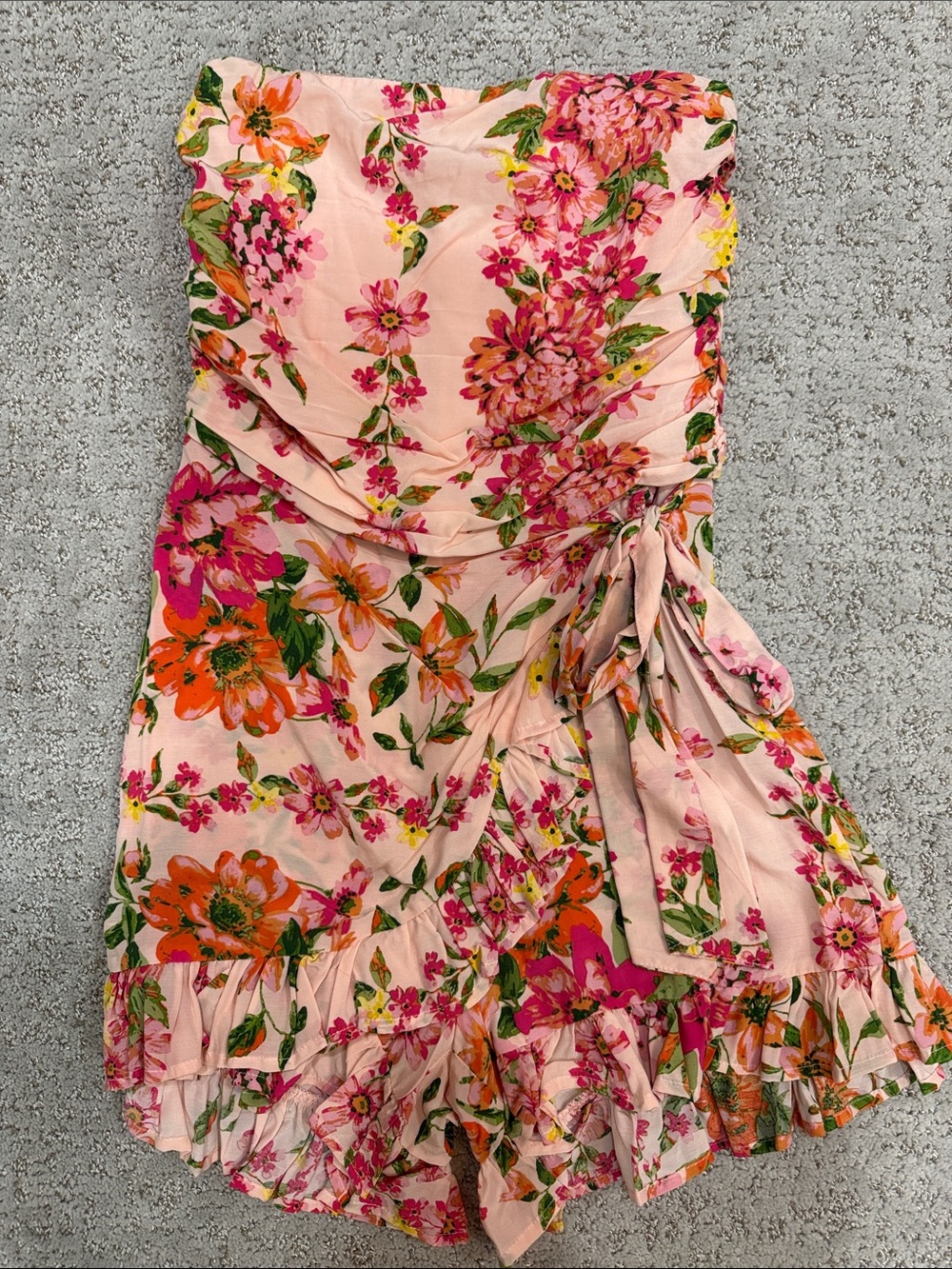 Floral Pink Strapless Romper with Tie Waist